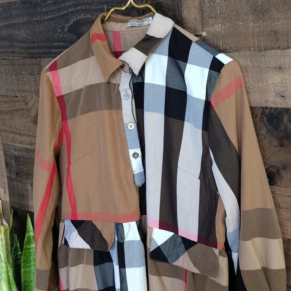 Burberry Tan, Black, White & Pink Plaid Long Sleeve Dress - Picture 3 of 11